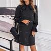 Women's Spring New Tie-up Beaded Long Sleeve Loose Solid Color Dress
