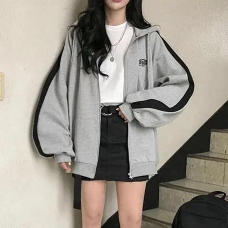 Women Hoodie Coat Spring Loose Zipper Cardigan Long Sleeves Soft Keep Warm Contrast Color Hooded Casual Outerwear