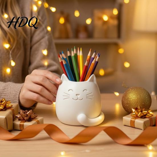 Odorless Pen Container Holder Cartoon Cat Shape Desk Organizer Smooth Surface Decorative