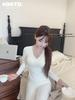 Women's V-Neck Long Sleeve Thermal Set: Warm Ginger Camellia Oil Cashmere Silk Base Layer with Slim Fit Trousers for Autumn.