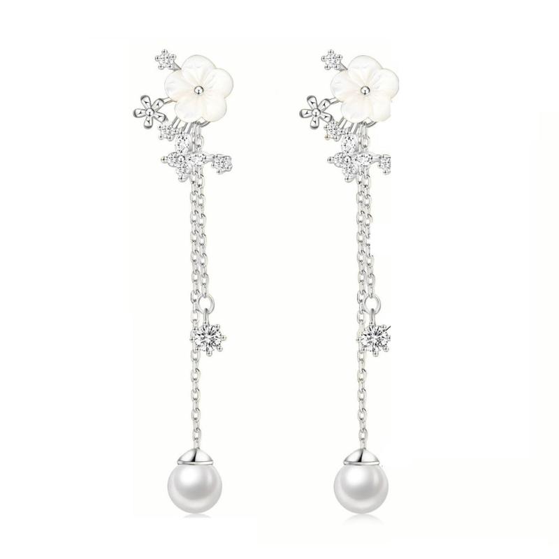 Delicate Flower Design Dangle Earrings With Simulated Pearls Chain Bridal Jewelry Glossy Gold or Silver Finish