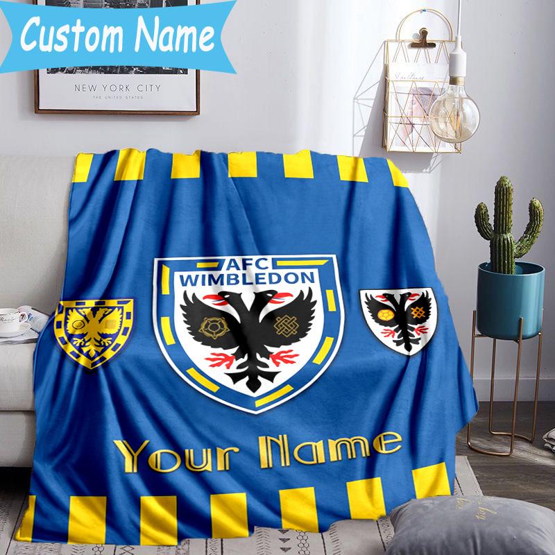 Custom Name Afc Wimbledon Crest Flannel Blanket, Use for Birthday/Holiday Gift, Soft Blanket for Sofa/Bed/Camping/Office, Home Decor