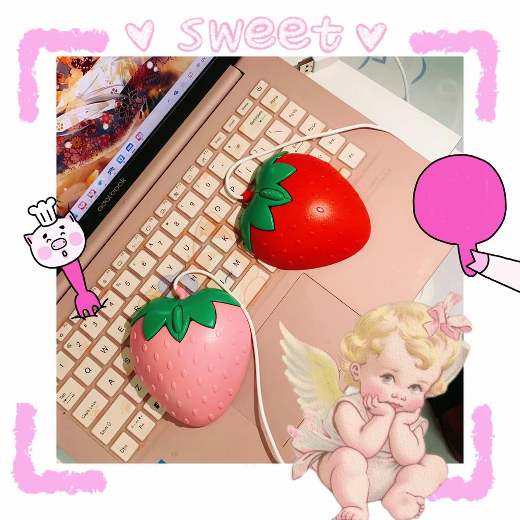 Kabelgebundene USB-Maus, klein, süße Frucht-Erdbeer-Form, Cartoon-USB-Mini-Optikmaus, tragbar, für Kinder und Frauen, kompatibel mit PC/Laptop/Computer (Rosa)