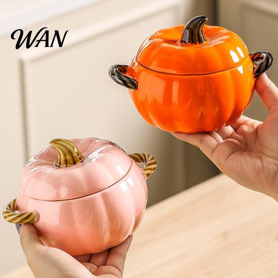 Ciotola da Zuppa con Coperchio, Manico Doppio, Zucca, Adatta al Microonde, Decorativa, Pratica, Regalo Cucina per Casa, Ciotola in Ceramica, Pentola Resistente al Calore per Stufati