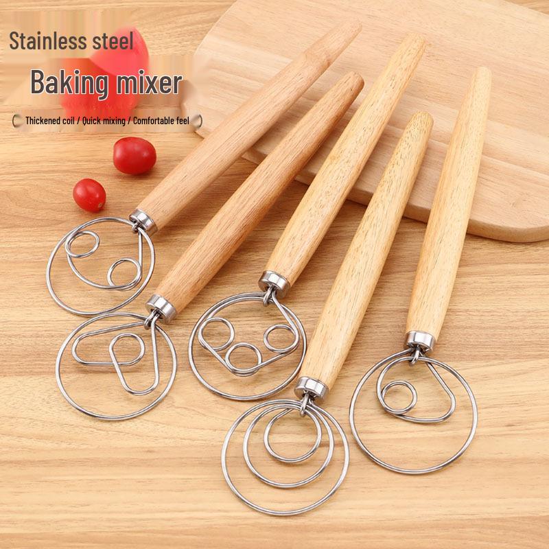 13" Oak Handle Danish Dough Mixer & Egg Beater - Stainless Steel Whisk Tool