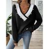 European Style Loose Fit V Neck Beaded Pullover Sweater For Women