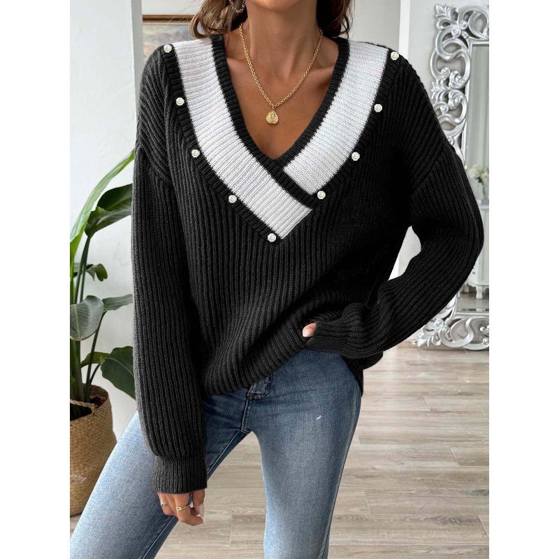 European Style Loose Fit V Neck Beaded Pullover Sweater For Women