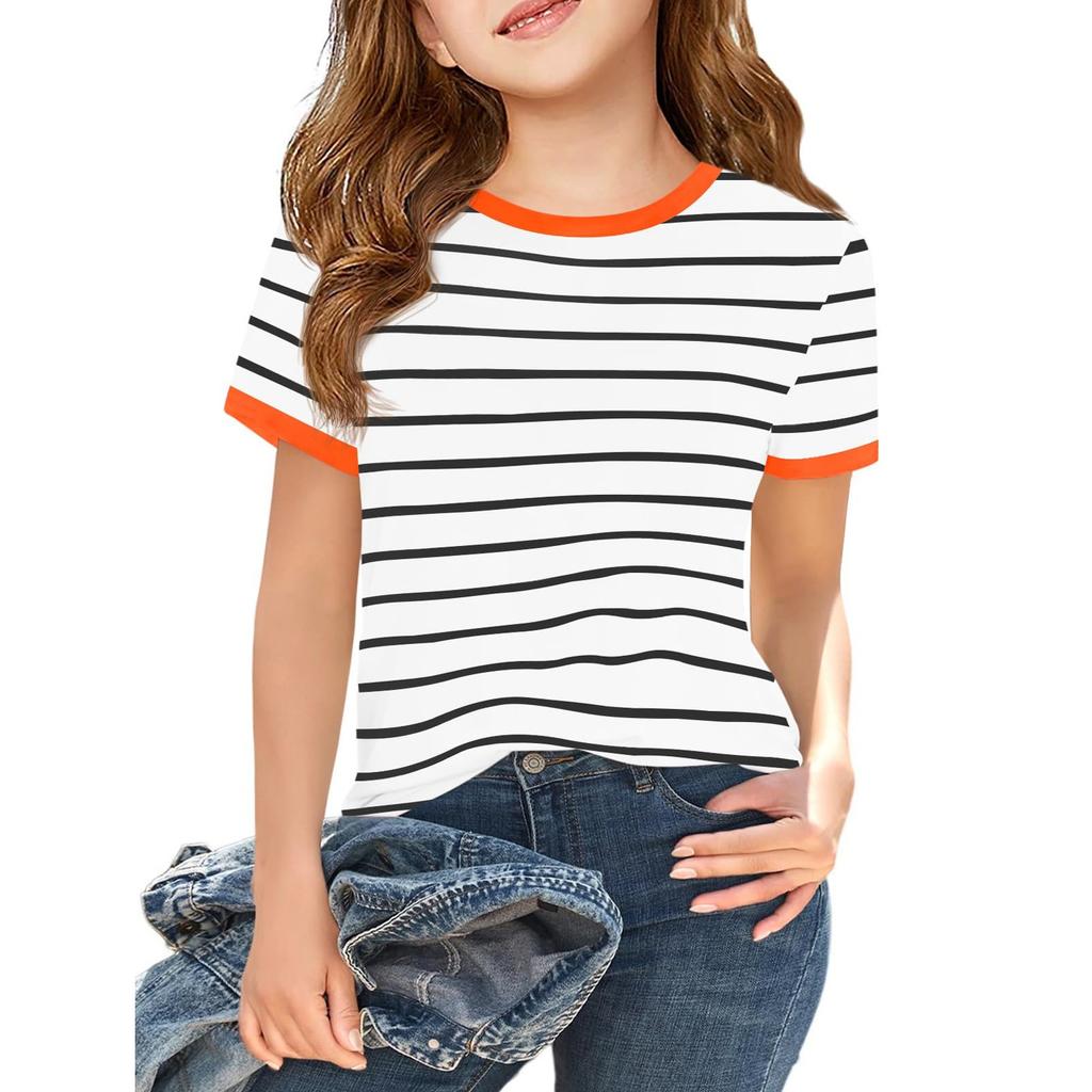 Girls' Striped Raglan Tee - Casual Short Sleeve Round Neck T-Shirt