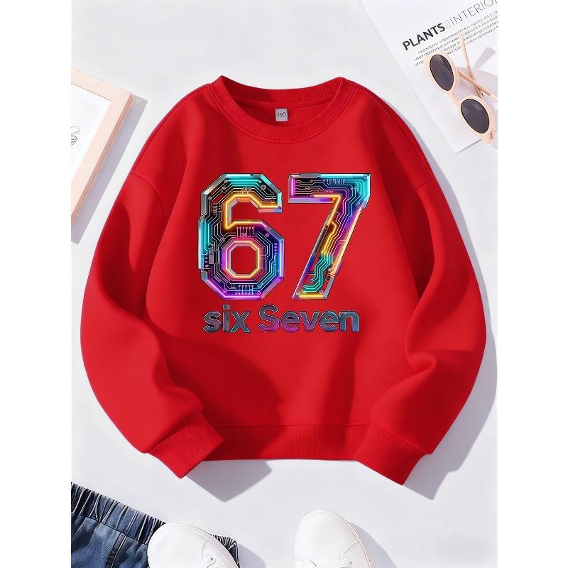 Kids Unisex Crewneck Sweatshirt, Neon Rainbow Circuit Board Tech Style Number 67 With Text "six Seven" Print Soft Pullover For 7th Birthday Tech Lover