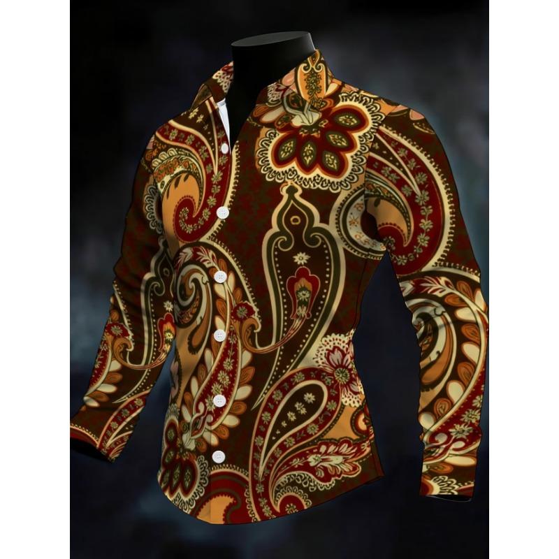 New Black Skeleton Mandala Floral Print Men's Long Sleeved Shirt with Dark Retro Style Slim Casual Shirt