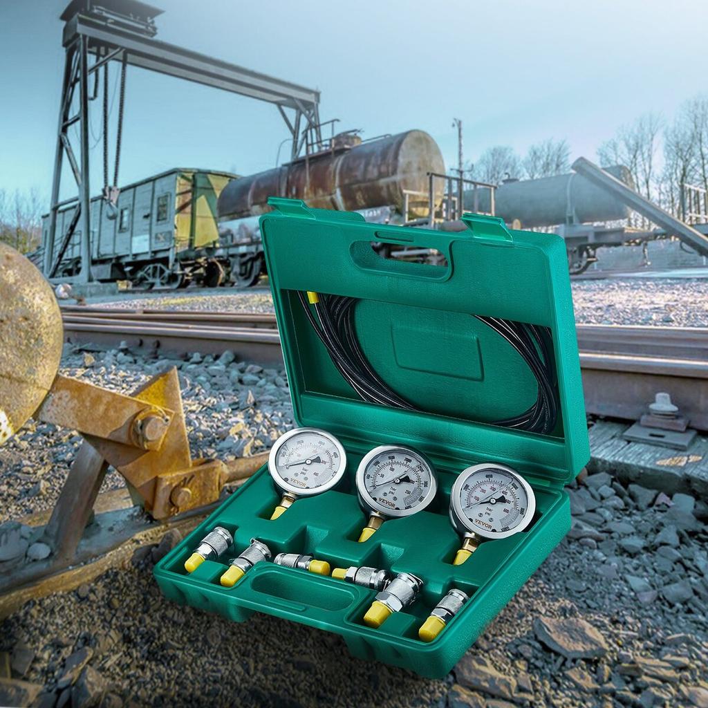 Hydraulic Pressure Test Kit, 250/400/600bar, 3 Gauges 6 Test Couplings 3 Test Hoses, Excavator Hydraulic Test Gauge Set with Portable Carrying Case