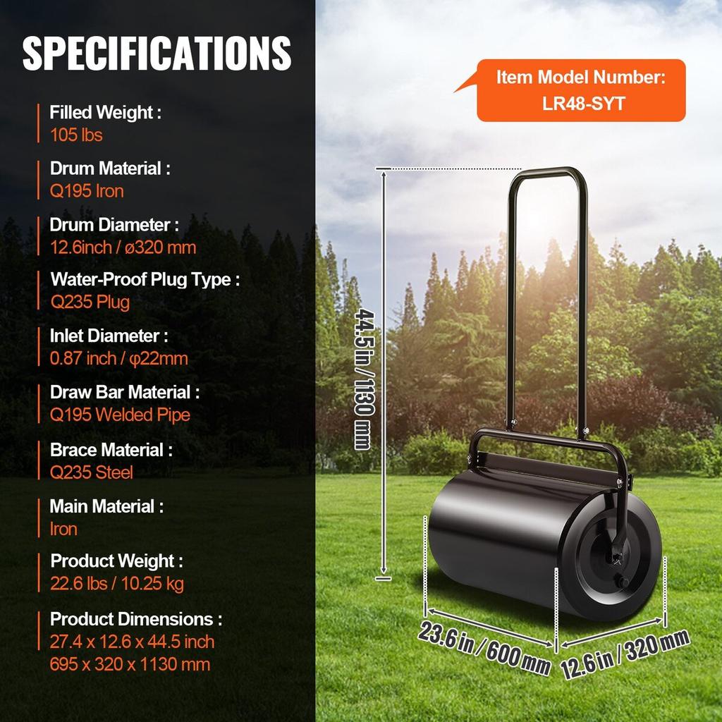Lawn Roller, 13 Gallon Sand/Water Filled Yard Roller, Steel Sod Roller with Easy-turn Plug and U-Shaped Ergonomic Handle for Convenient Push and Pull,