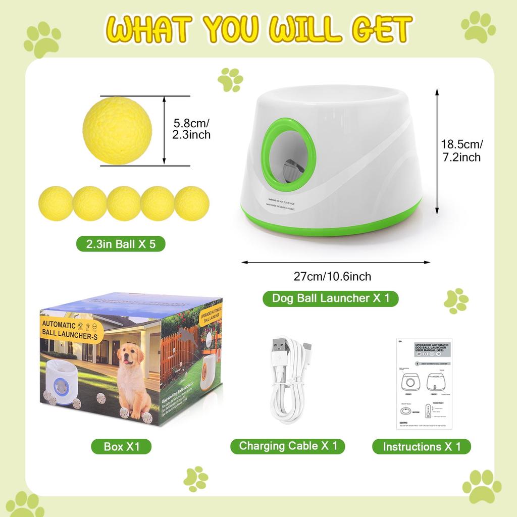 Lanceur de balles automatique pour chiens, Machine interactive de lancer de balle avec 3 niveaux de distance(20-46 pieds) & 5 Balles, Lanceur de Balle pour Chien pour Jouer à l'Intérieur et à l'Extérieur