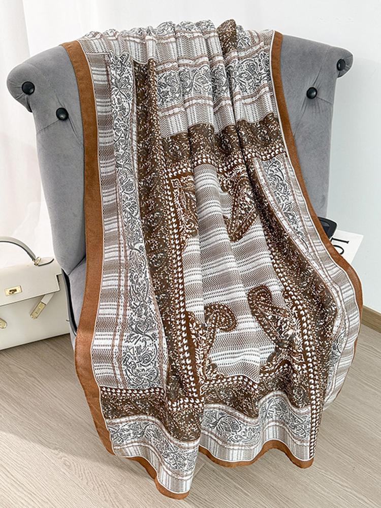 Elegant Women Retro Beach Silk Scarf Striped Print Wrap Shawl Lady Sunscreen Bandanas Hijab Scarve Pareo Headscarf Casual Boho