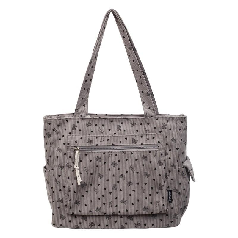 Large Capacity Cotton Corduroy Tote With Multiple Pockets For Casual Daily Carry