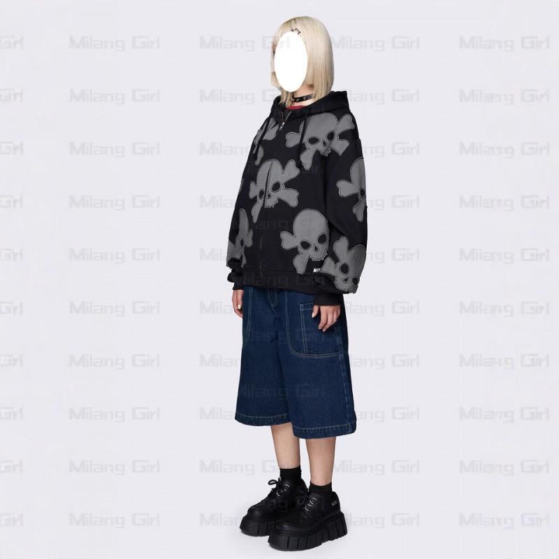 Black Skull Print Oversized Hooded Zip-Up Sweatshirt Streetwear Y2K Gothic Punk Unisex Long Sleeve
