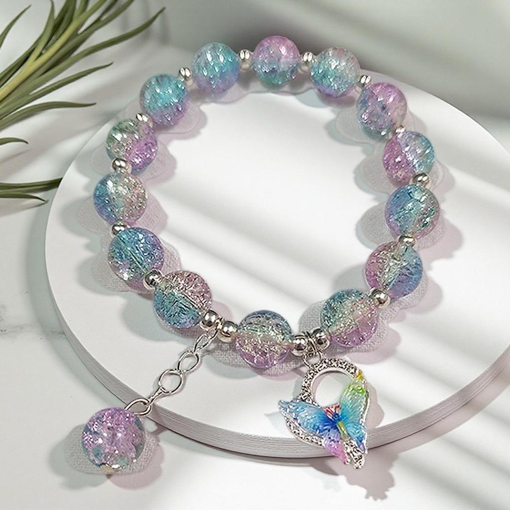 2026 Iridescent Butterfly Bracelet - Colorful 10mm Beads, Color-block Design, Cross-border Gift