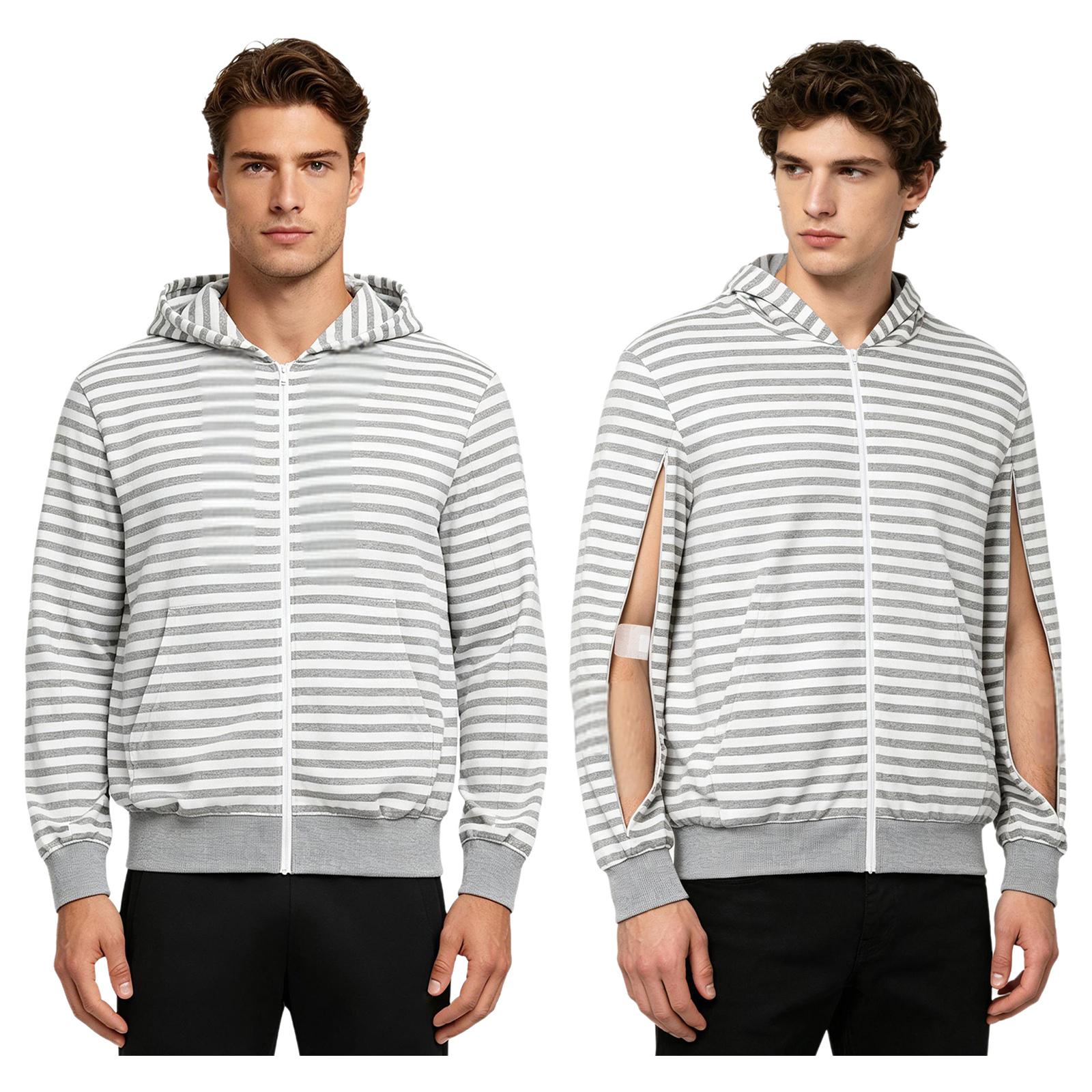 Herren Full-Zip Dialyse Hoodie Langarm Armreißverschluss Hämodialyse Sweatshirt Gestreifte Jacke mit Taschen für medizinische Behandlung XS grau