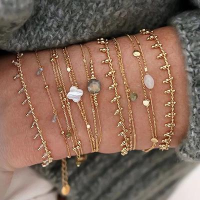 Stacked Bracelet Set Four-leaf Clover Natural Shell Pendant Simple Design Hand Ornament Woman