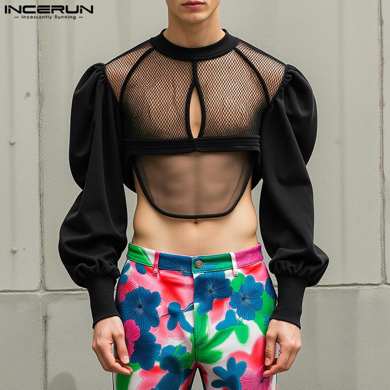 INCERUN Men Long Puff Sleeve Mesh Sheer Patchwork Crop Tops T-Shirts