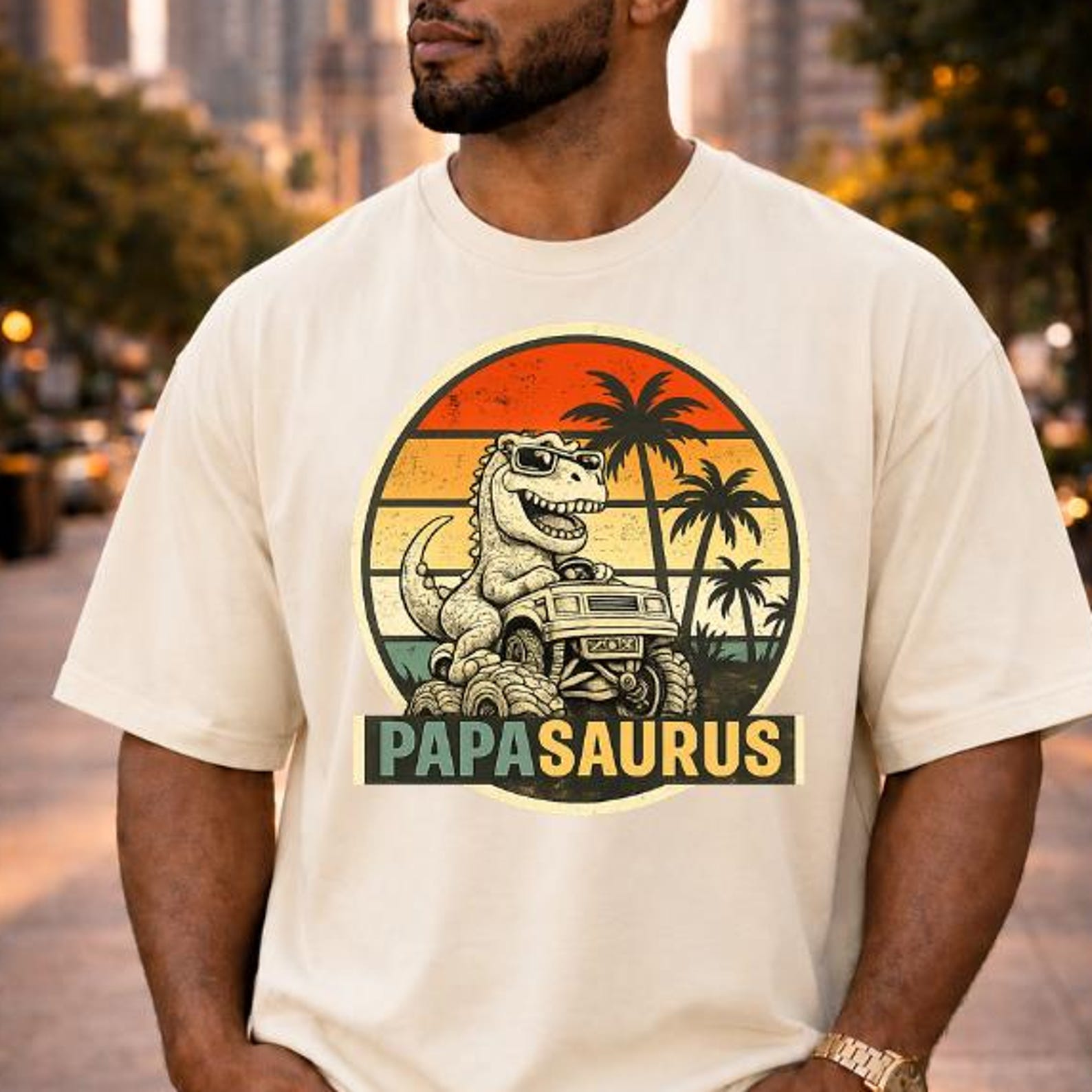 Papasaurus Retro Dinosaur Dad Tee, Father’s Day T-Rex Shirt L