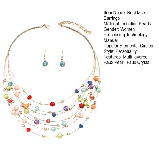 1 Ensemble Collier Boucles d'oreilles Dame Ensemble Multicouche Coloré Fausse Perle Bohème Longueur Réglable Faux Cristal Crochet