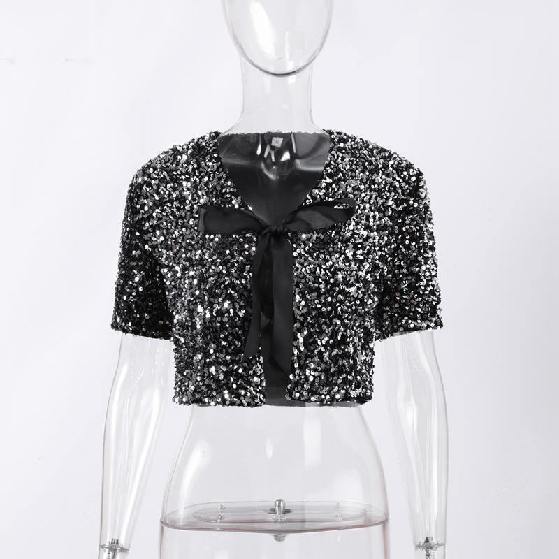 Bow Tie Lace Up Sequin Top Women's Short Sleeved V-neck Shirt Sweet Solid Color Blouses 2025 Spring and Summer Fashion