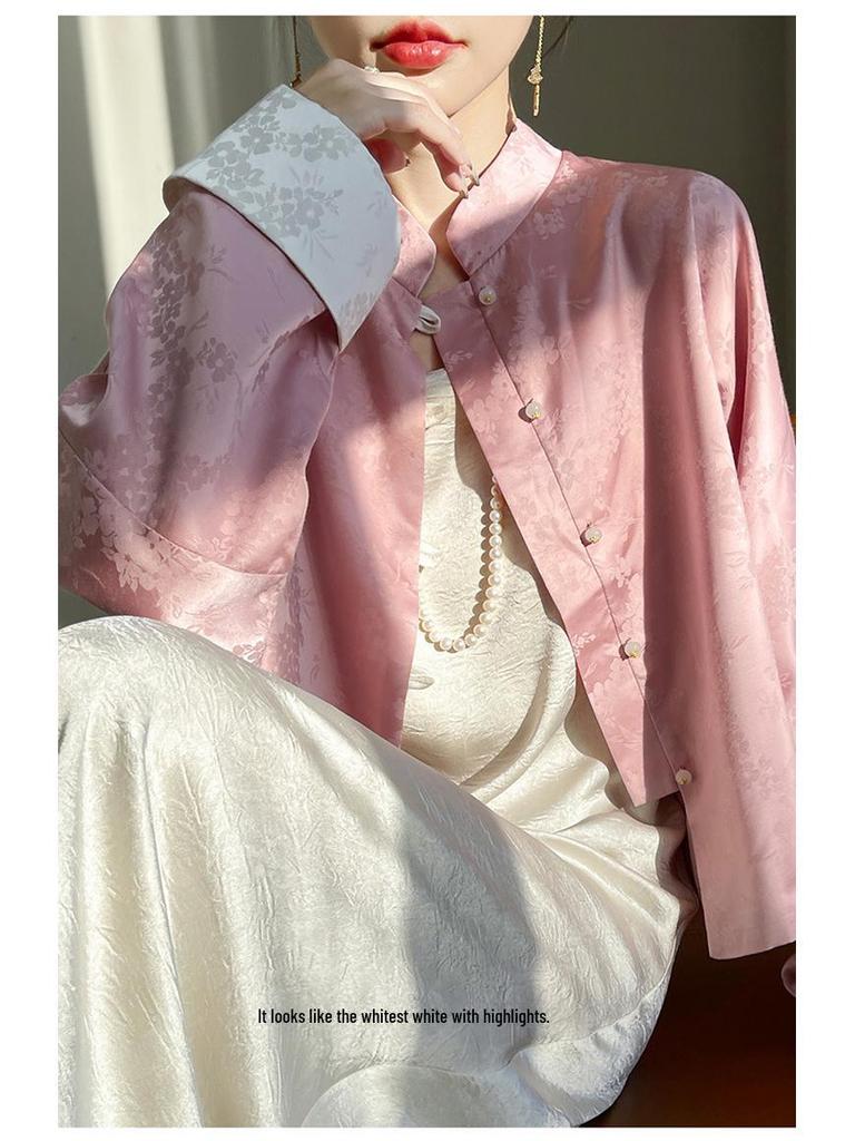 Women's Retro Satin Mandarin Collar Cardigan - Loose Fit, Light National Style Tang Jacket