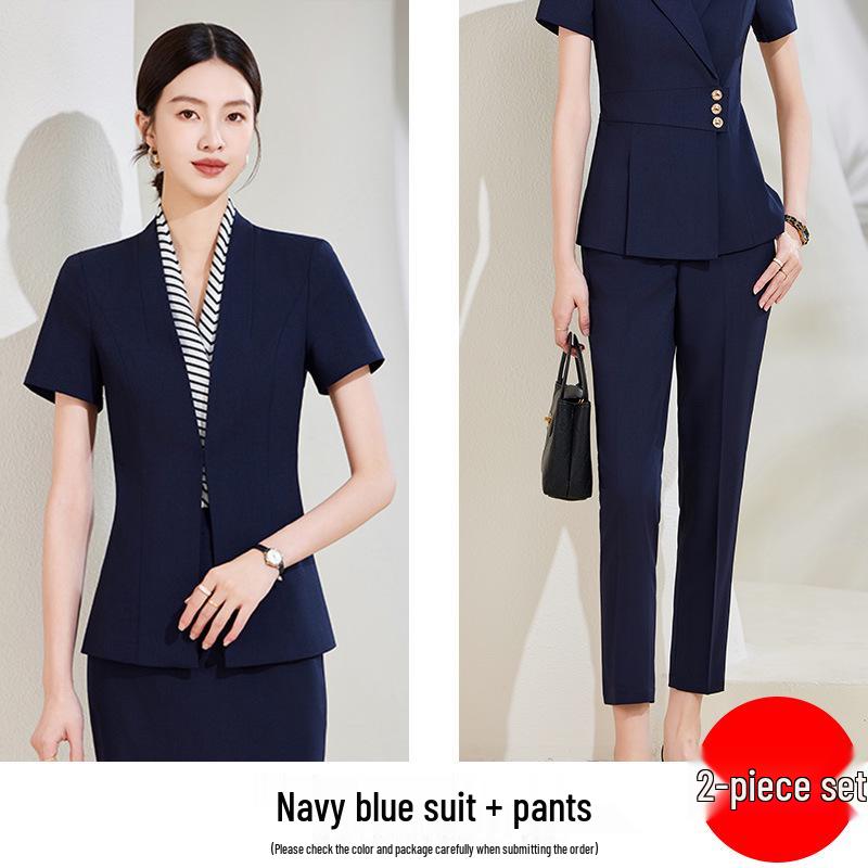 Chic Black Short-Sleeved Collarless Suit Set: Professional Workwear for Sophisticated Women