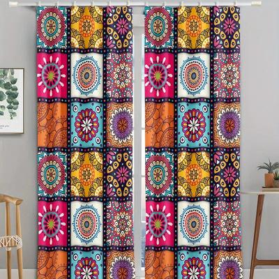 2 Pieces of Bohemian Patterned Polyester Curtains, Bedroom Window Treatment, Office, Kitchen, Study, Home, Swimming Pool, Entert