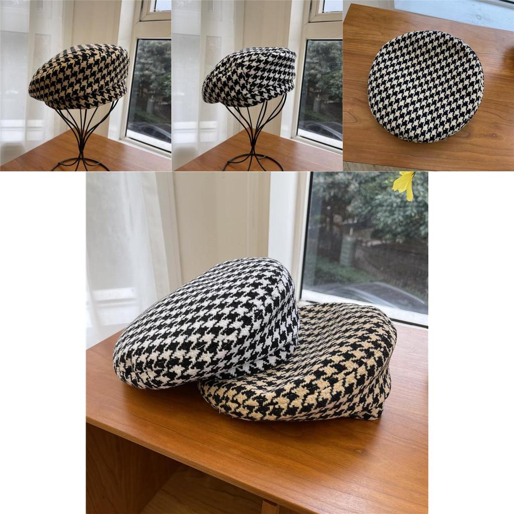 Schicke und trendige Damen-Barettmütze Japanisches minimalistisches Design Lässiges Karomuster Schwarz-Weiß-Farben