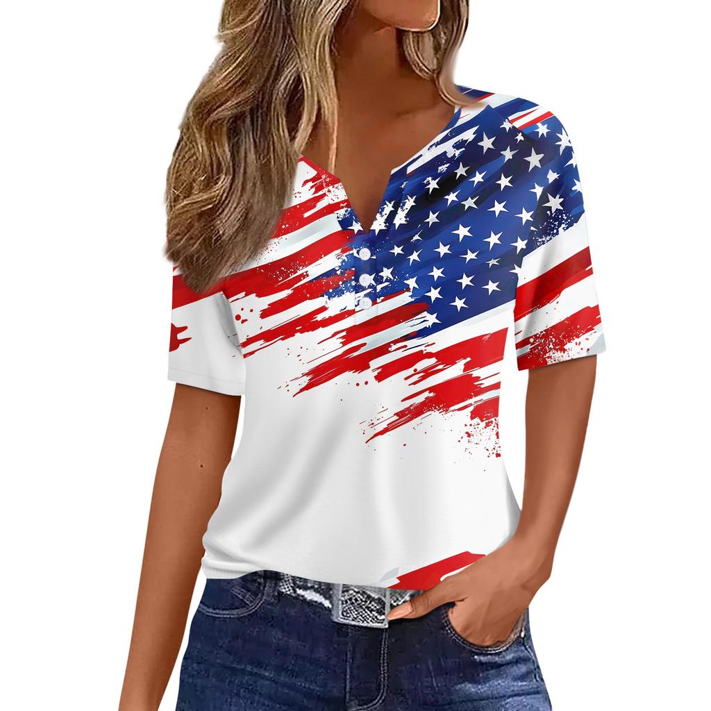 Women's T Shirt Independence Day Print Button Short Sleeve Daily Weekend Fashion Basic V- Neck Regular Top