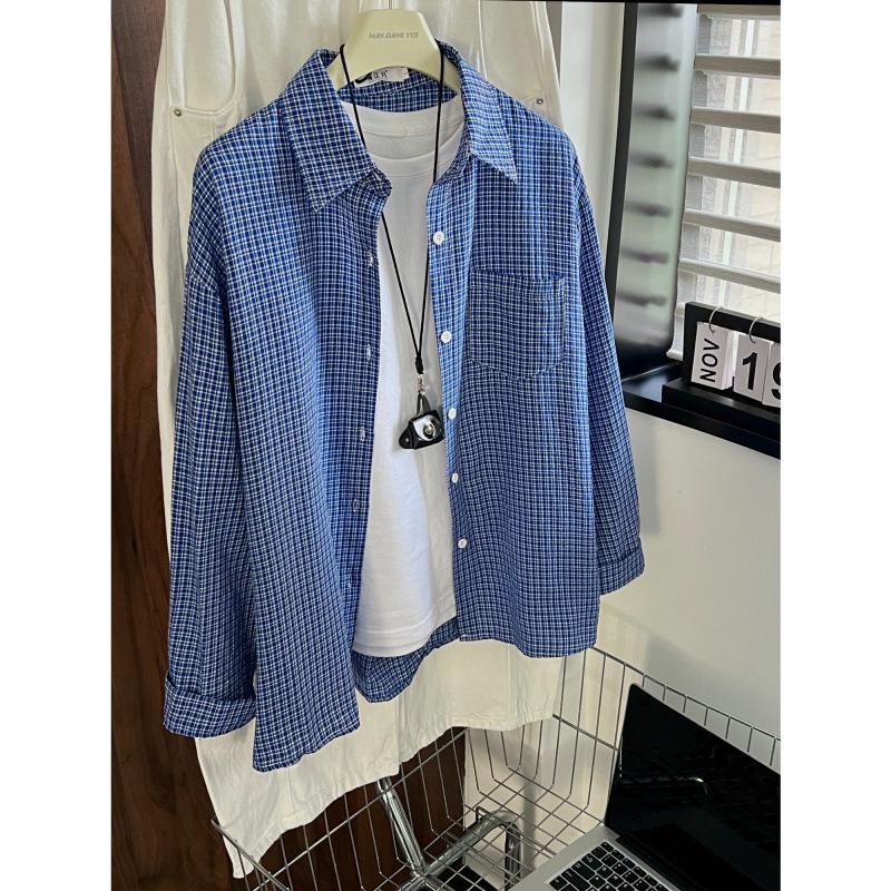 Man Jiang Yue Women's Korean Style Blue Plaid Long Sleeve Polo Shirt Cardigan