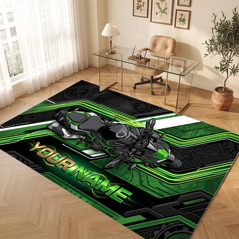 Motorcycle Biker Theme Soft Crystal Velvet Rug Custom Name & Text Print Non Slip Floor Rug for Bedroom Living Room