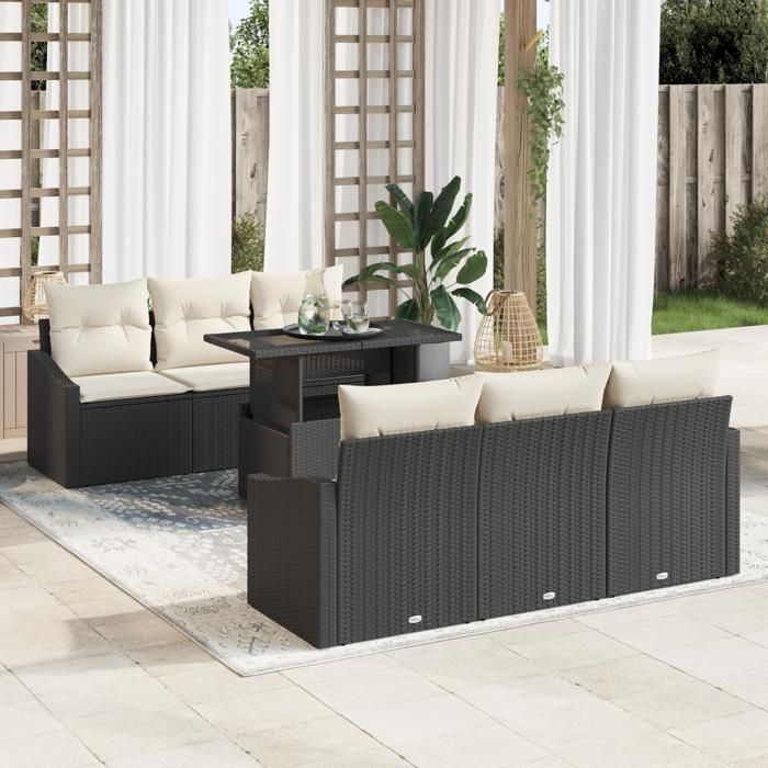 VidaXL Ensemble 7 pièces de canapé de jardin noir en poly rattan avec coussins 3348923