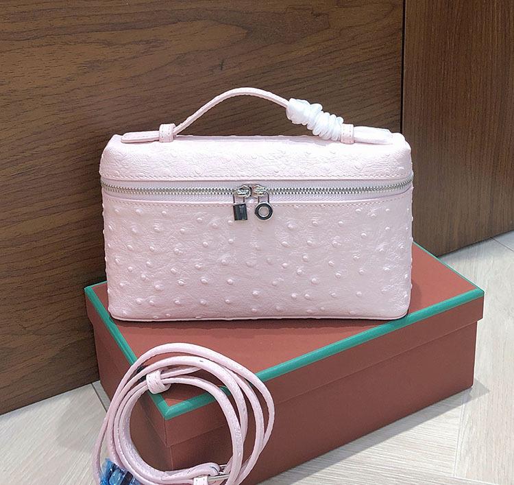 Borsa porta pranzo portatile in pelle di mucca con motivo struzzo, borsa a scatola in vera pelle, borsa a tracolla a mano alla moda