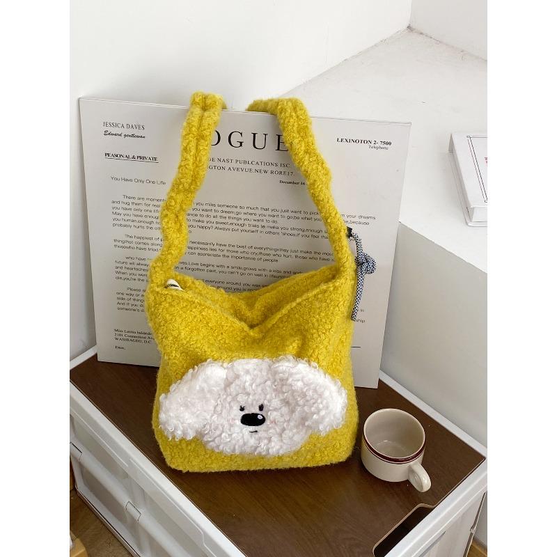 Cute plush puppy crossbody bucket bag autumn and winter girl's heart sweet lamb wool shoulder bag niche design female