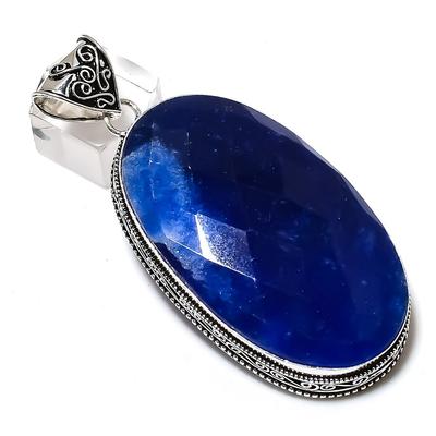 Sapphire Natural Gemstone Handmade 925 Sterling Silver Pendant 2.96" o3I35