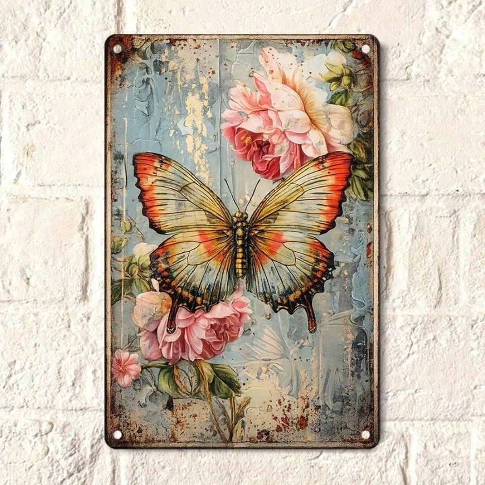 1pc Vintage Butterfly Floral Tin Sign, 2D Flat Retro Farmhouse Metal Wall Decor 12x8 Inch, Hanging Art Plaque for Living Room