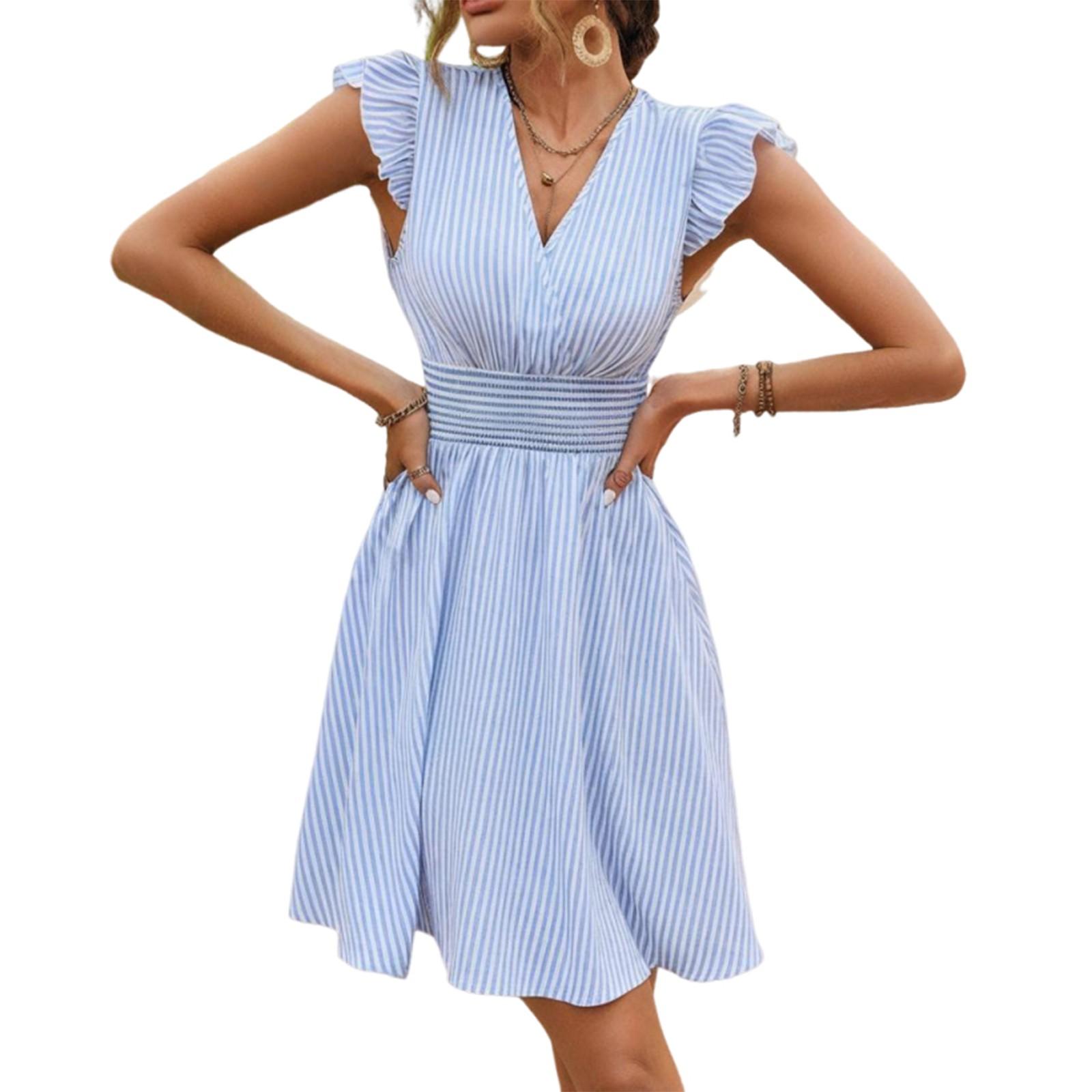 

Женское платье с V-образным вырезом, полосатое повседневное платье, рукава-крылышки, эластичная резинка на талии L синий