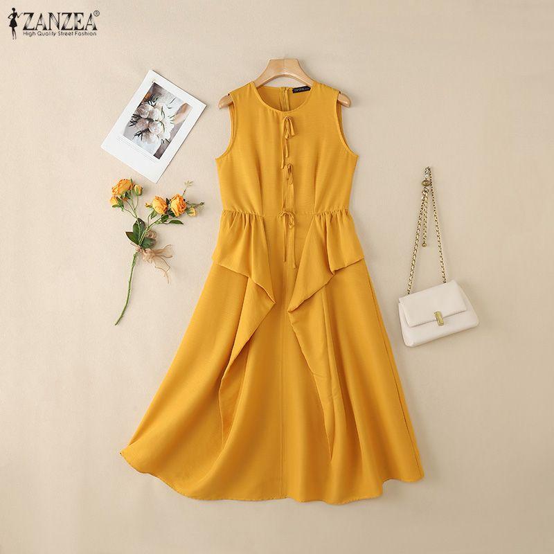 ZANZEA Women Sleeveless Ruffled Layers Baggy Casual Long Maxi Pleated Dress