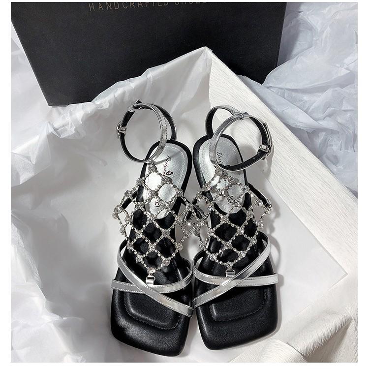 2025 New Rhinestone High Heel Square Head Thick Heel Internet Celebrity Temperament Metallic Commuter Open-toed Sandals