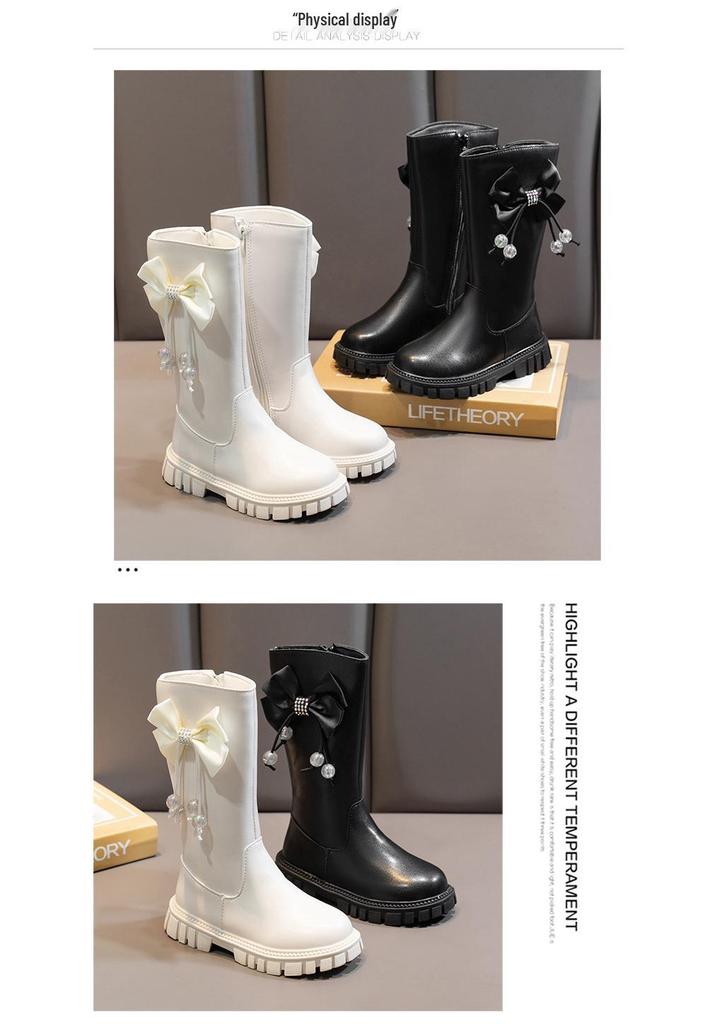 Girls' Bow Long Leather Boots - 2025 Autumn/Winter Stylish Princess Collection