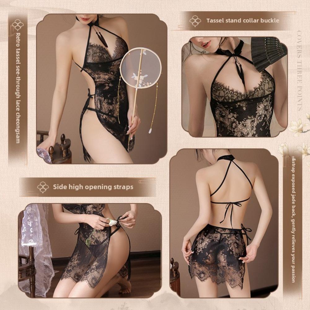 Vintage Perspective Lace Cheongsam Sex Underwear Sexy Transparent Uniform Sex Clothes