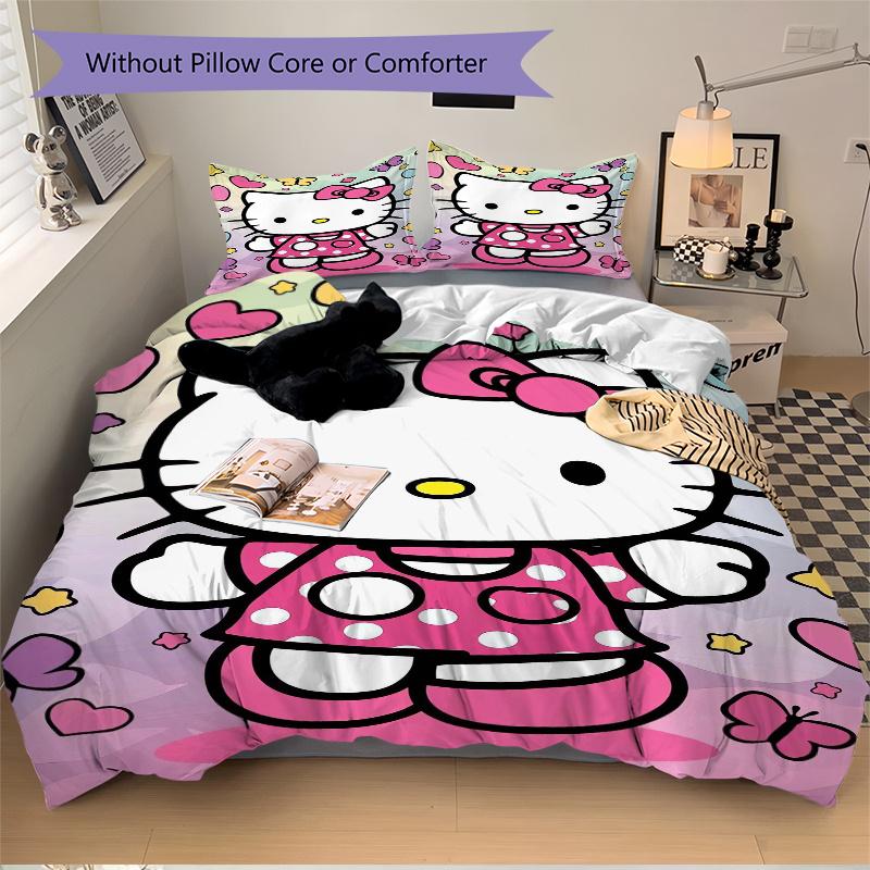 3pcs Hello Kitty & Butterfly Bedding Set, Including 1 Quilt Cover and 2 Pillow Shams, Without Filling, Soft and Comfortable Home Bedroom W033