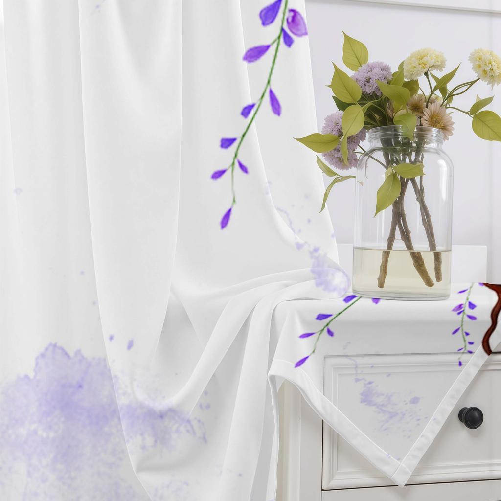 2 Pcs Elegant Purple Wisteria Sheer Curtain – Polyester Rod Pocket for Living Room Bedroom Balcony Study Decor