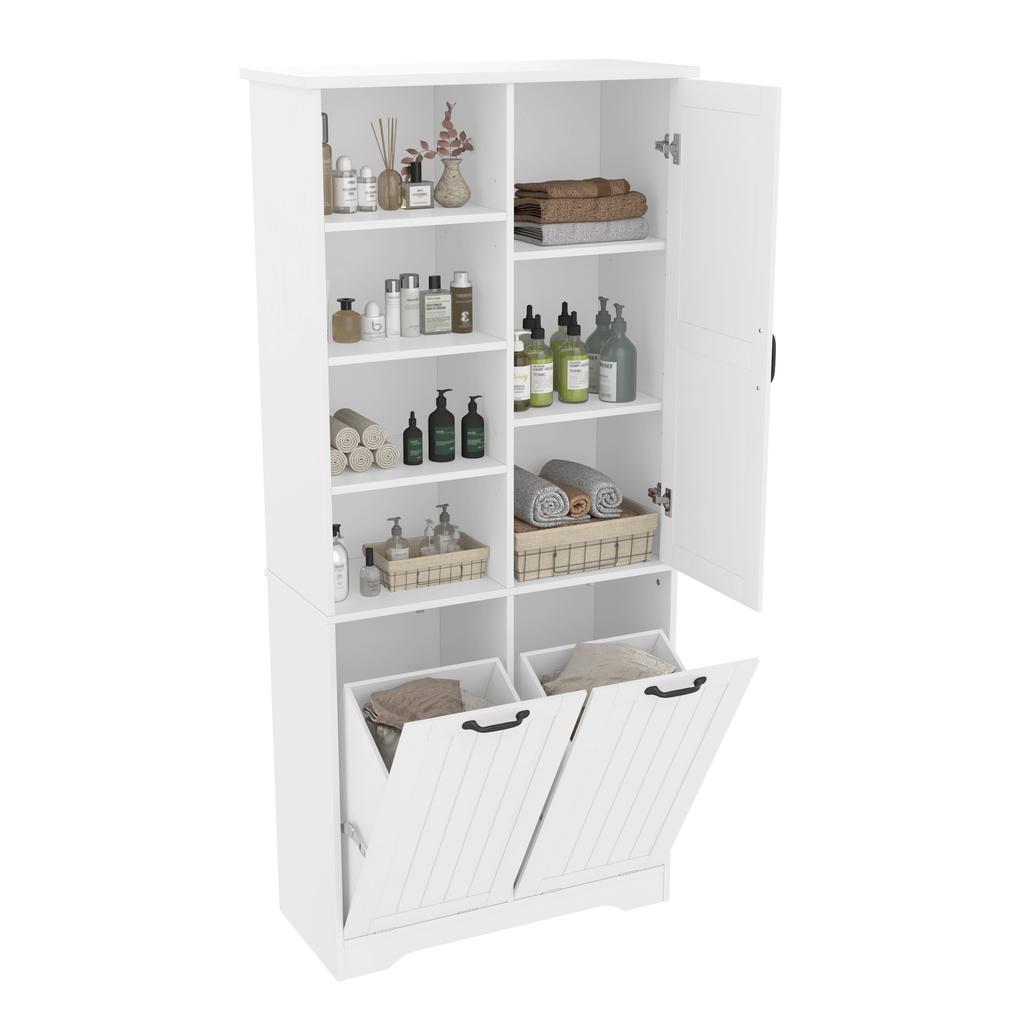 78 x 35 x 172 cm Bathroom Cabinet, Moisture-Resistant Paint, Double Laundry Basket, Four Open Compartments, One Door, Adjustable Shelves, White