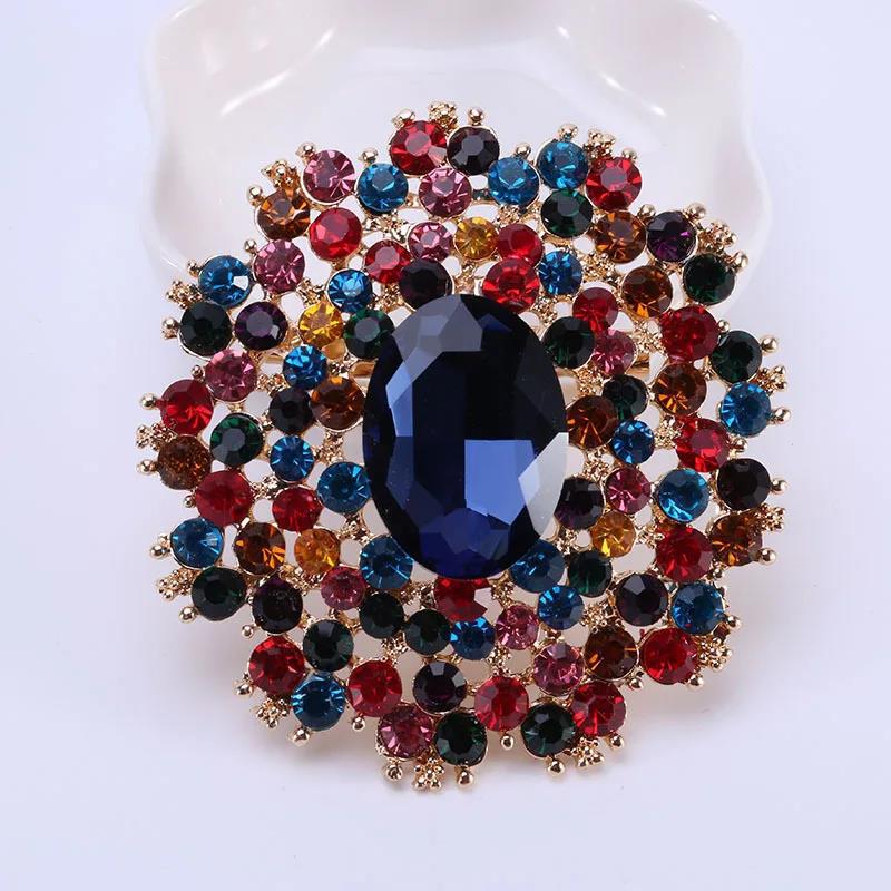 Classic Retro Stained Glass Large Brooch Imitation Crystal Luxury Badge Suit Dress Accessories