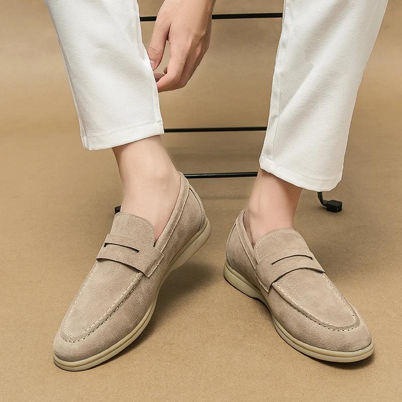 Britain Retro Men Pointed Suede Flats Genuine Leather Shoes Man Casual Penny Loafers Formal Dress Footwear Shoes for Men