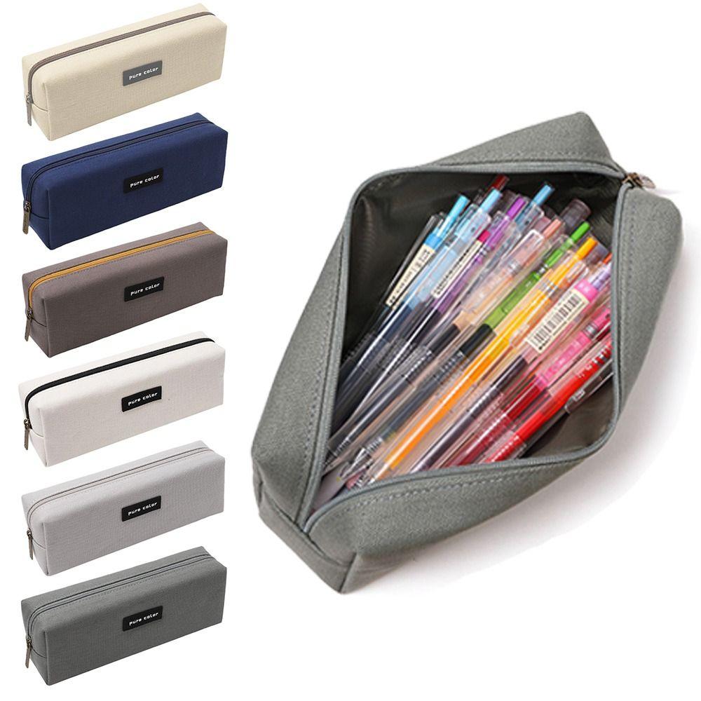 Pure Color Zipper Canvas Stationery Holder Box Pen Bag Pencil Pouch Pen Case